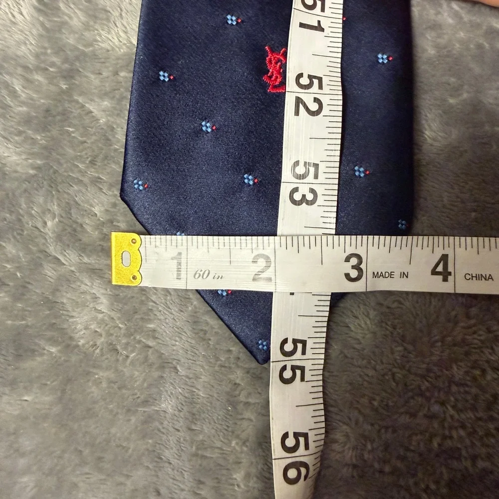 VTG Yves Saint Laurent Neckwear Tie Blue Red YSL Monogram Logo GeometricPattern